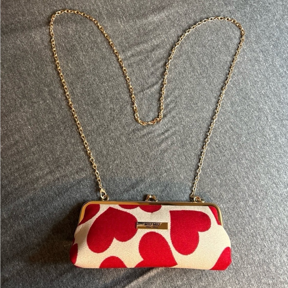 Miu Miu Red Heart Clutch with Gold Chain